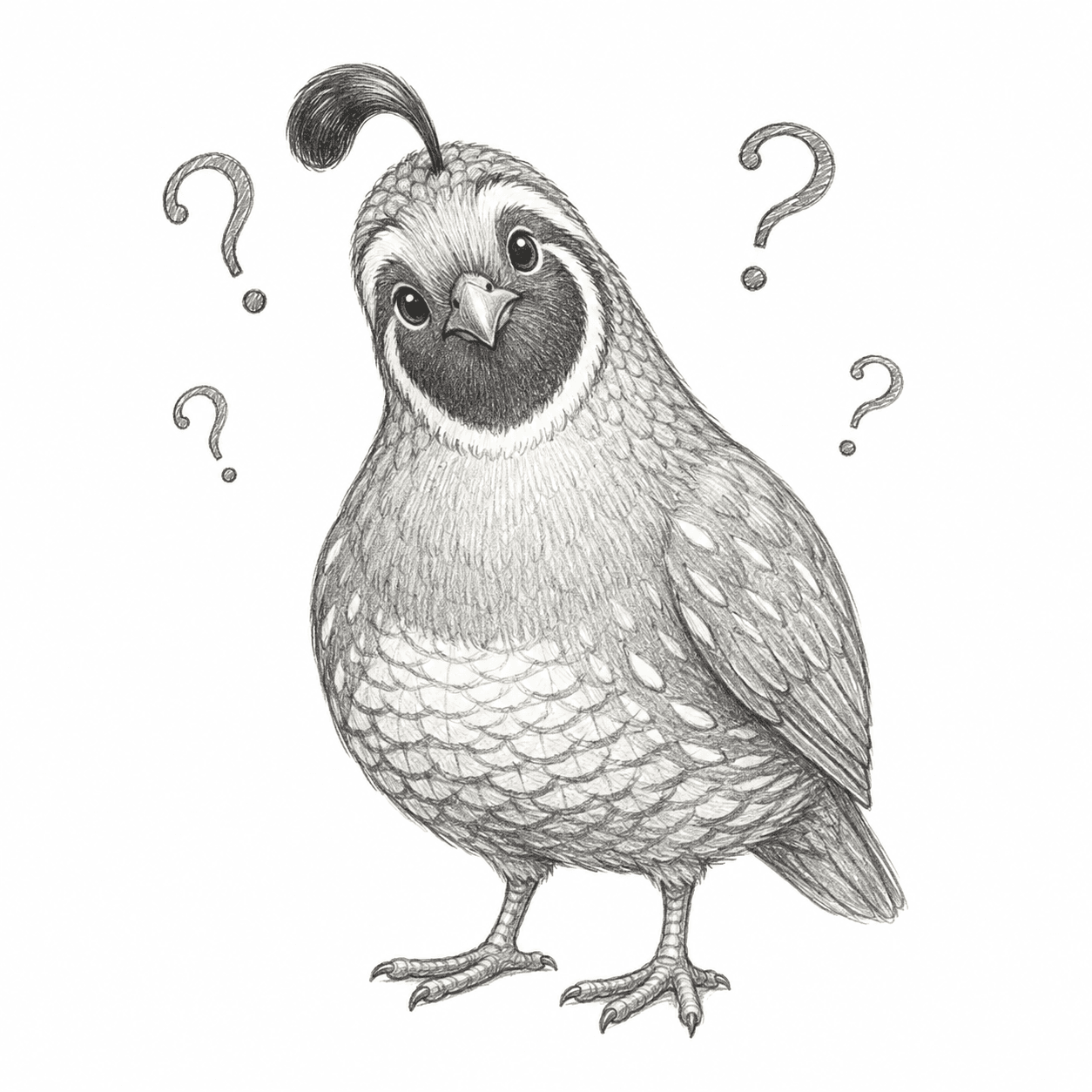 Curious quail surrounded by question marks